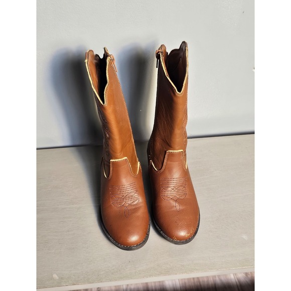 Other - Kids Brown Western Cowboy Boots Side Zip Decorative Stitching Size 1